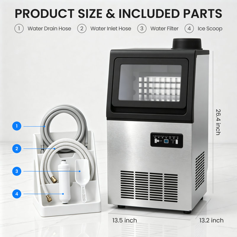 Machine à glaçons commerciale autoportante en acier inoxydable 13,5 po avec glaçons cubes, 110 lb. Production quotidienne de glace, 20 lb Bac de rangement et commandes numériques