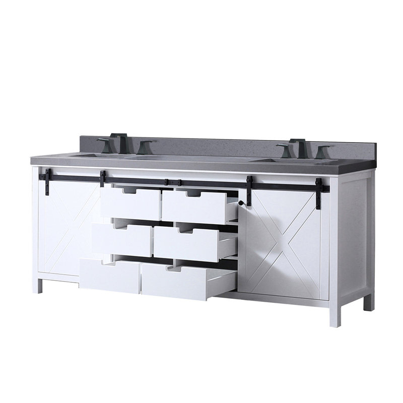 Meuble-lavabo double 84 po W - Blanc avec comptoir en quartz gris et robinet à fermeture en douceur pour un fonctionnement silencieux et en bois 86,88 x 21,55 po et noir mat spacieux