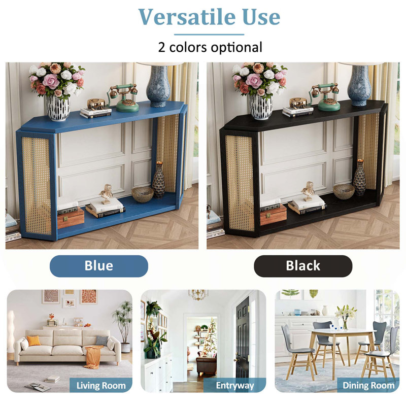 Console Table With Bottom Shelf And Rattan Side, Antique Blue