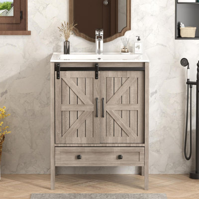 24" Farmhouse Bathroom Vanity With Sink, Sliding Barn Door Small Single Vanity Set