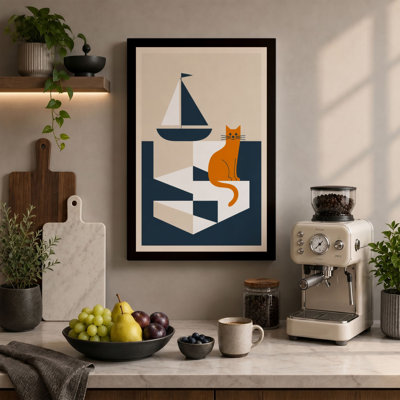 Cat and Sailboat Mid-Century - Wrapped Canvas