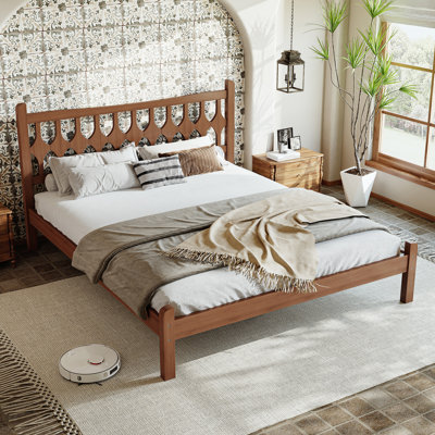 Grand lit plateforme en bambou avec tête de lit en forme de losange, cadre de lit en bambou massif avec lattes de soutien, pour chambre à coucher, chambres d'amis, brun