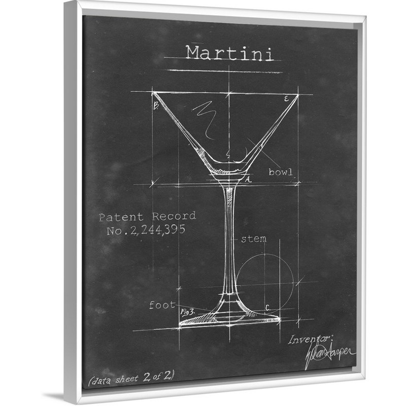 Barware Blueprint V - Reproduction d'art graphique sur toile, H 31,7 po x l 25,7 po x P 1,75 po, Cadre flottant blanc