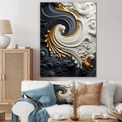 Or blanc blanc et spirale liquide ornementale noire - spirales abstraites, art mural