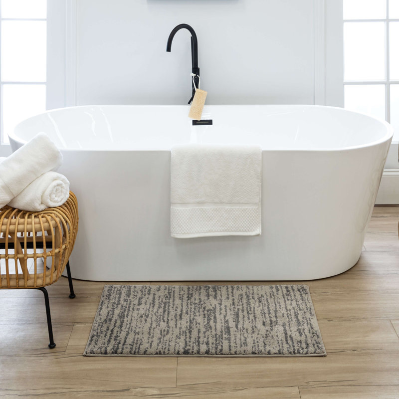 Striped Polyester Machine Washable Knitted Bath Mat, Pewter/Flint, 17" W x 24" L