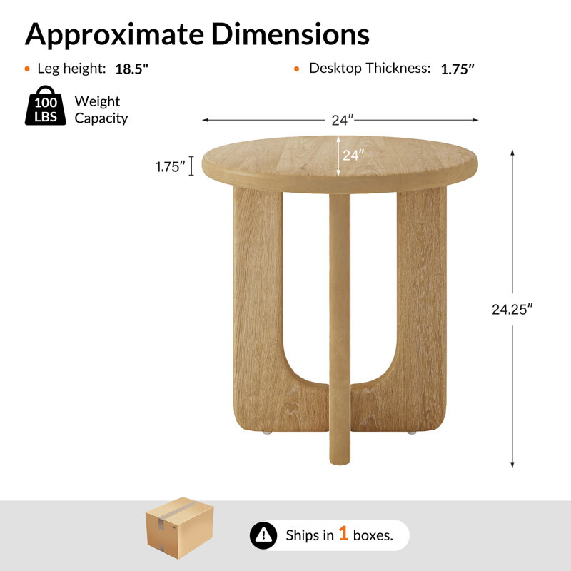 Jadida Modern 24"W Oak Veneer Top Round Side Table with Solid Wood Legs, Natural