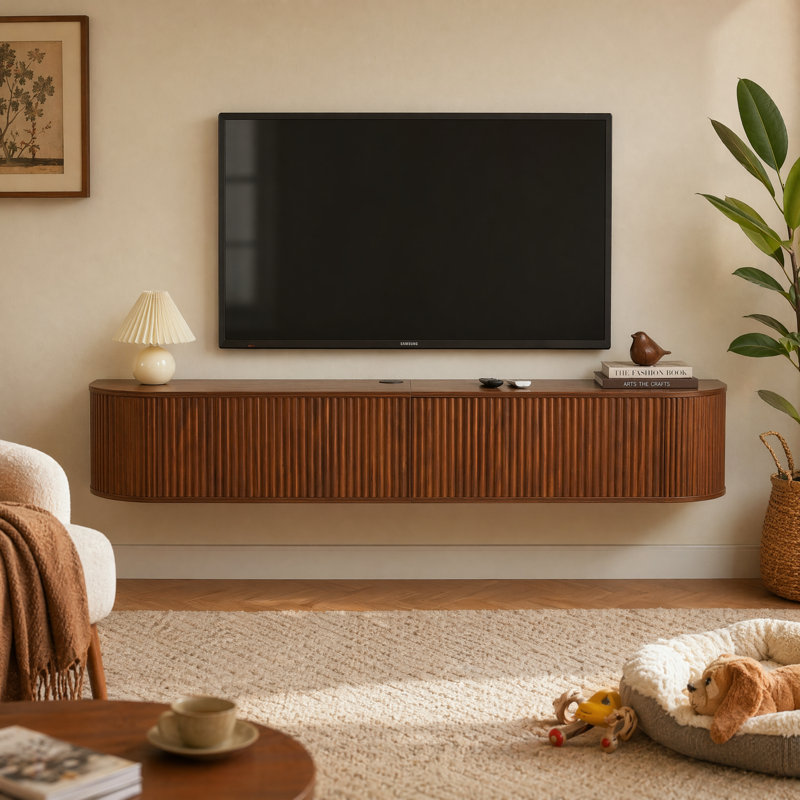 Meuble télé mural flottant avec portes cannelées, centre de divertissement moderne avec rangement, 70.9, Walnut