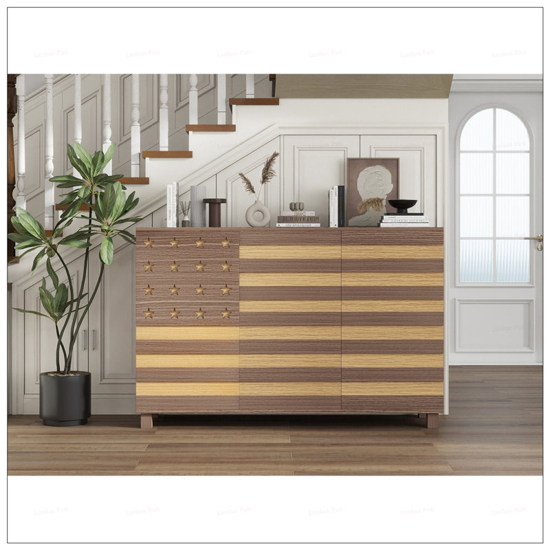 Hand-Carved Buffet Sideboard With 2 Drawers And 3 Doors, Versatile Storage And Coffee Bar Console, Natural