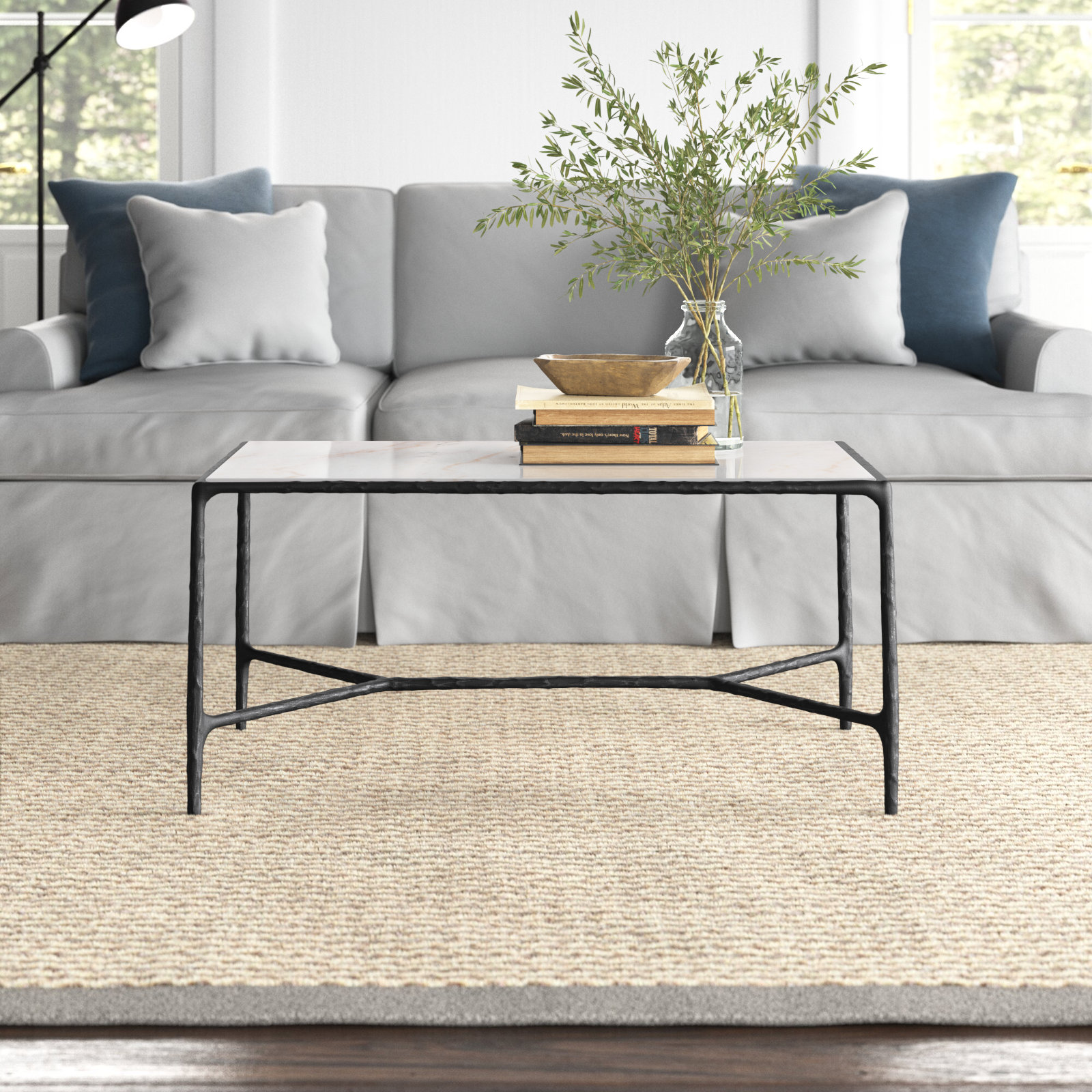 Evelynn 40" Glass Coffee Table, White Marble, Black