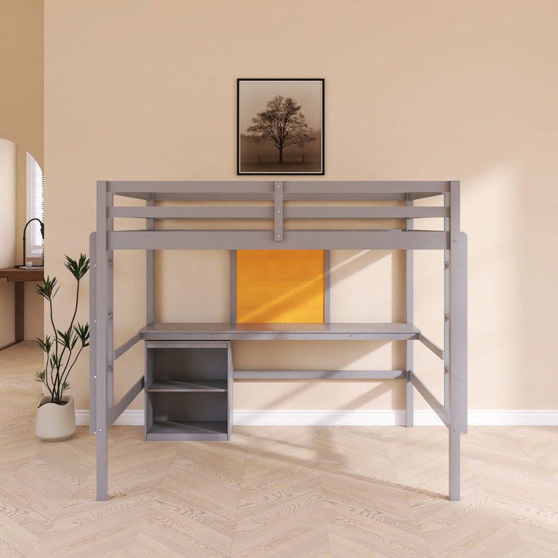 Lit mezzanine en bois avec tableau d'écriture, gris, Double