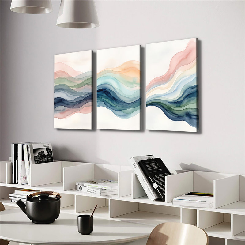 Watercolor Pastel Abstract Mountain Waves - Ensemble de 3 impressions sur toiles tendues avec châssis de qualité supérieure