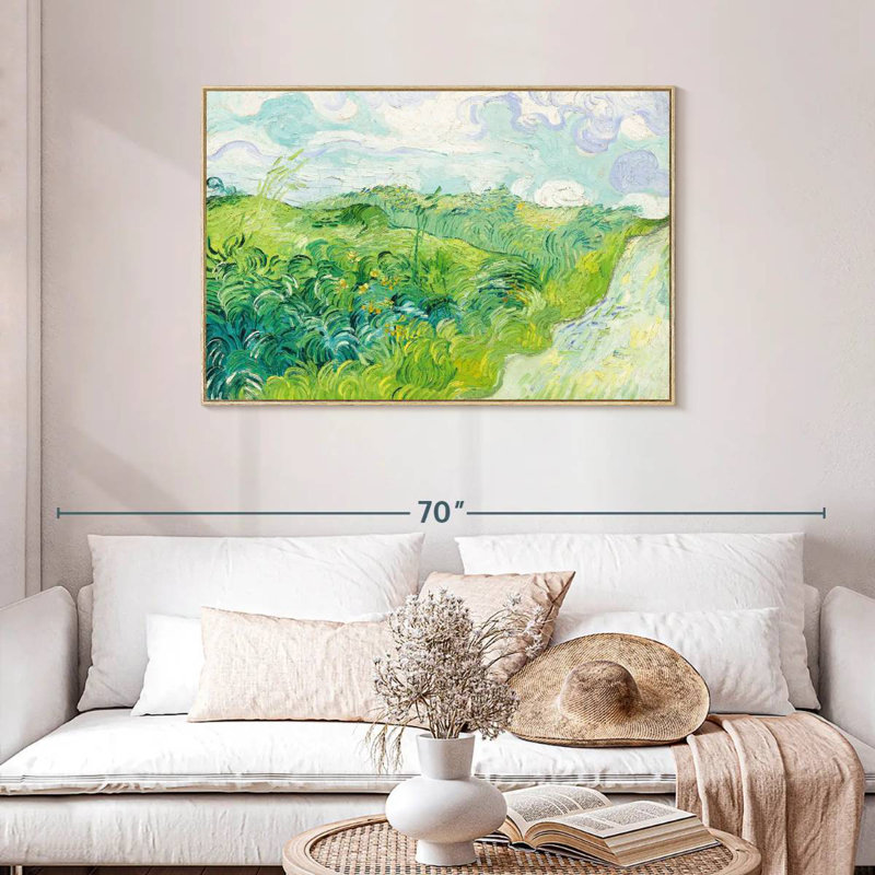Champ de blé vert Auvers, Cadre flottant en bois naturel, 43 po x 29 po