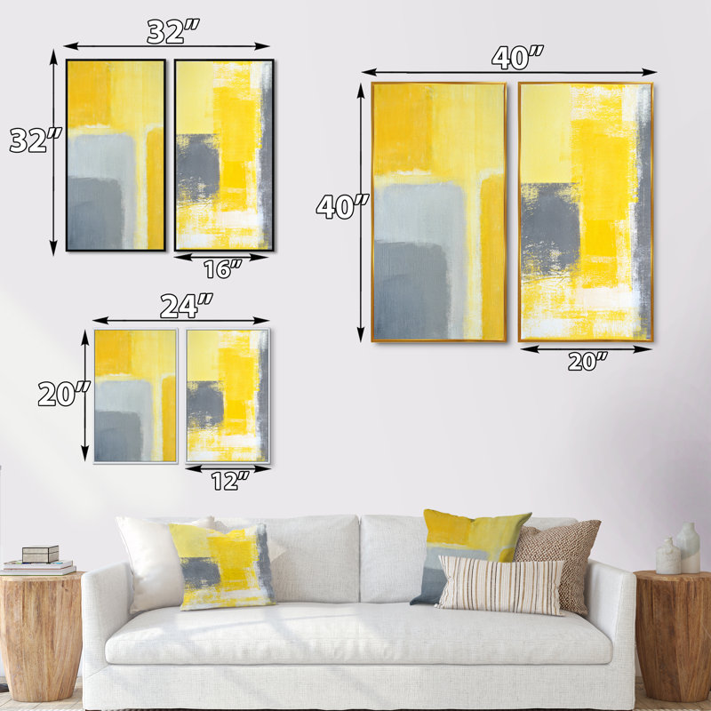 «Gray and Yellow Modern Art III», ensemble de 2 peintures sur toiles, H 40 po x l 40 po x P 1 po, Cadre flottant doré