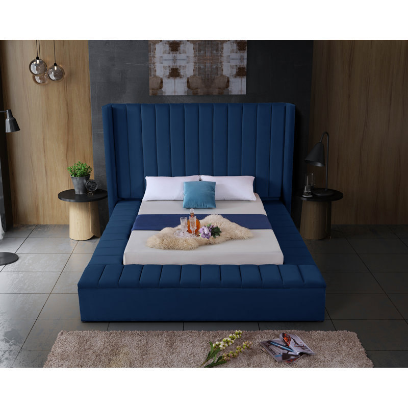 Rick Upholstered Wingback Bed, King, Navy Velvet