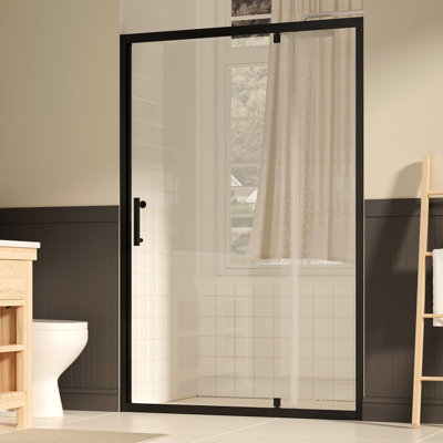 Porte de douche pivotante de 47 à 49 po de largeur, 72 po de hauteur, verre trempé de 1/4 po de 6 mm, revêtement Nano Easy Clean, noir mat réversible pour utilisation dans la salle de bain américaine traditionnelle moderne, verre transparent avec film,