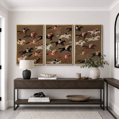 «Vintage Racehorse Riders Pattern Triptych», reproduction d'art sur toile encadrée 3 pièces