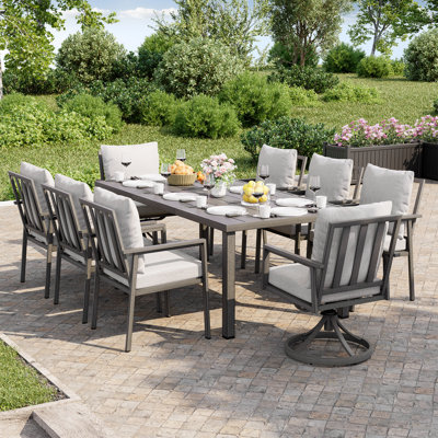 Merrill 9-Piece Grey Aluminum Patio Dining Set With Rectangular Table, 2 Swivel Dining Chairs And Light Grey Cushions