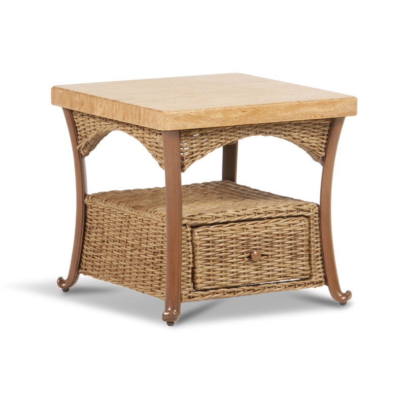 Brookside - Outdoor Side Table w/ Solid Travertine Top & Hand Painted Aluminum Base