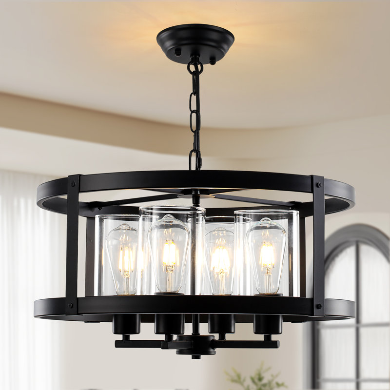 4-Light 20 inch Dimmable Farmhouse Drum Chandelier with Cylinder Glass Shade, Convertible Semi-Flush Mount Light, Matte Black