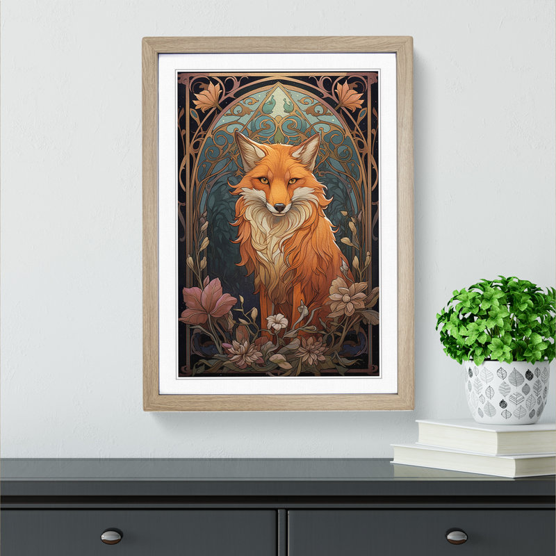 Fox Art Nouveau Art - Framed Print, 64cm H x 46cm W, Oak Framed
