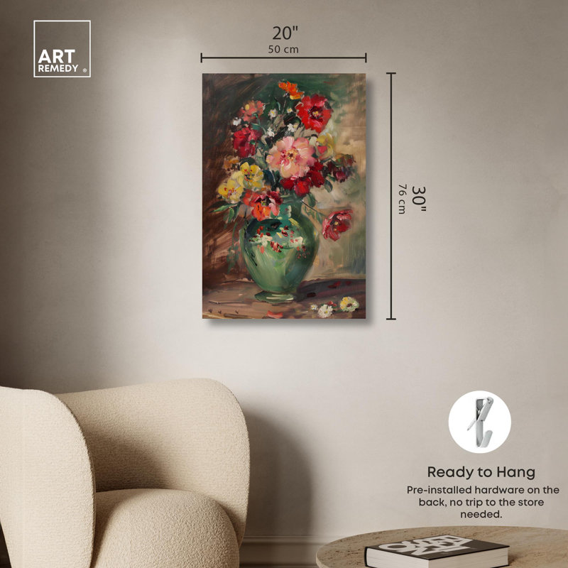Art floral sur toile, vase vert, Toile tendue, H 30 po x l 20 po