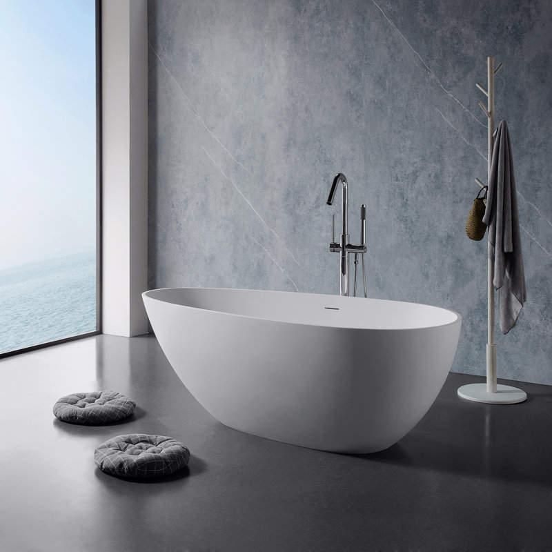 Baignoire autoportante à surface solide de 67 po, baignoire de trempage autoportante en résine d'ingénierie de luxe avec trop-plein et bonde escamotable