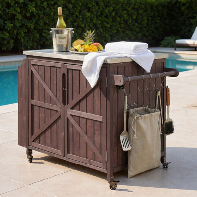 Îlot de cuisine extérieur avec tablette latérale, armoire de rangement, plateau en acier inoxydable, tablette réglable et 4 roulettes