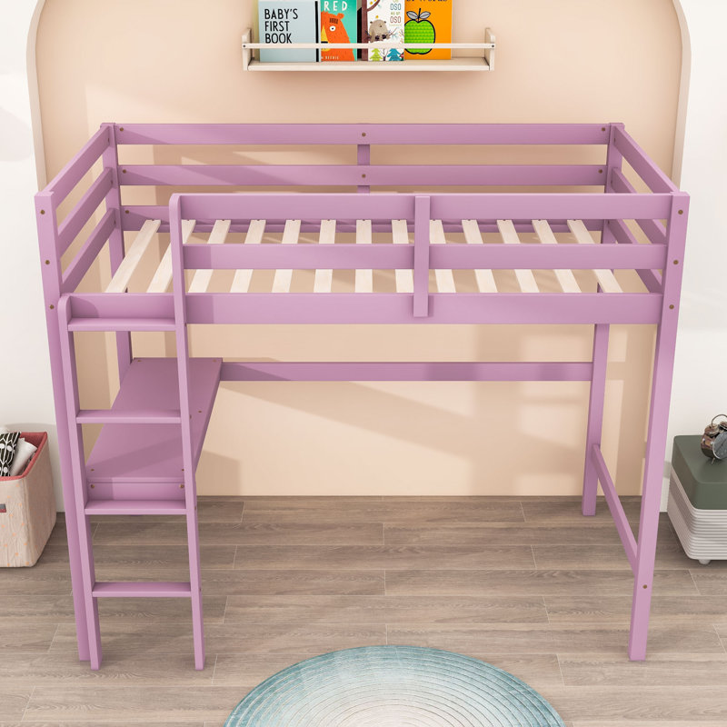 Lit mezzanine simple en bois avec garde-corps et bureau intégré, Rose