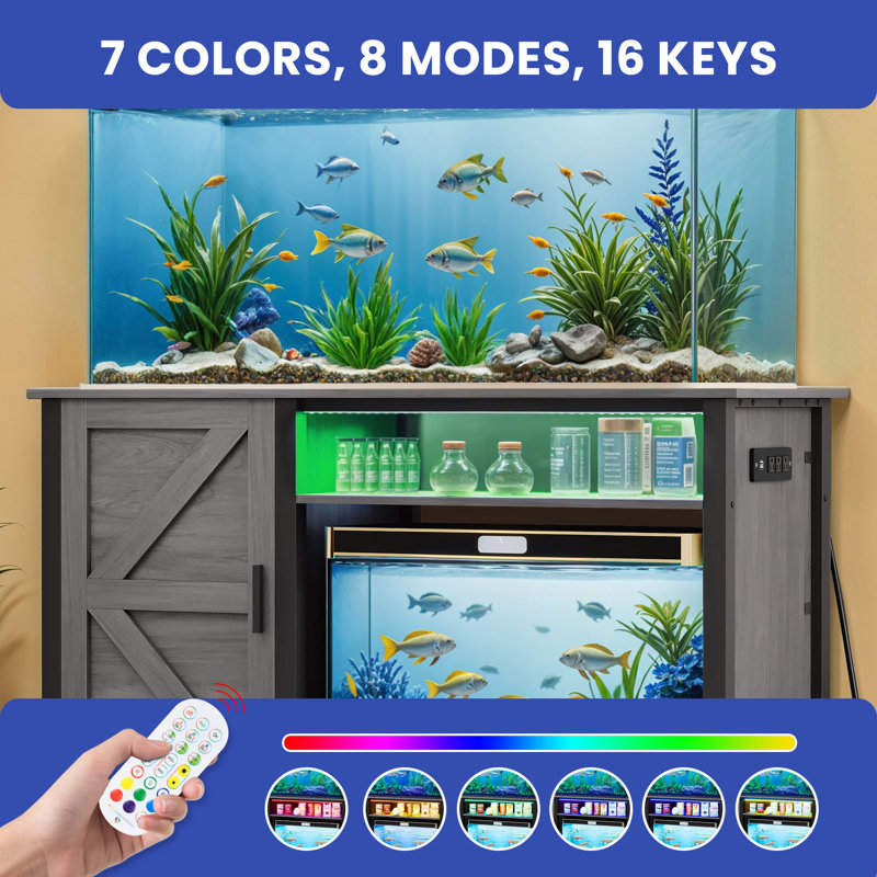Gray Metal Aquarium Stand Cabinet with RGB Lighting and Power Outlets