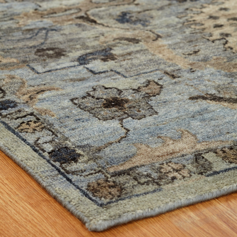 Stiefel Hand Knotted Wool Floral Area Rug in Grey, Rectangle 4' x 6'