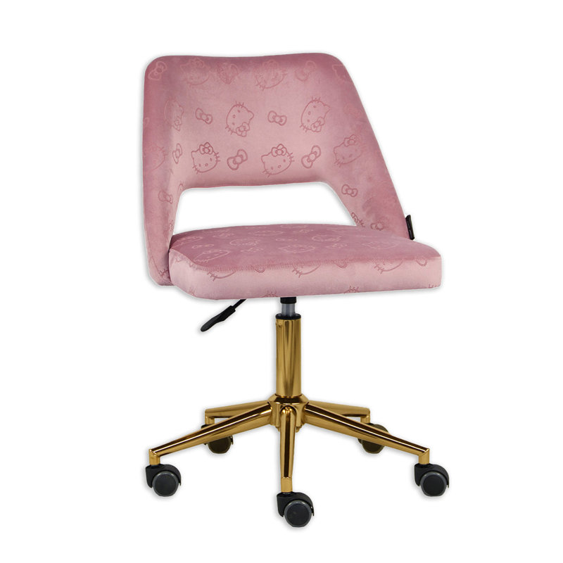 Moneik Hello Kitty Velvet Makeup Vanity Chair 360 Degrees Swivel Cute Desk Chair Wheels Golden Base, Pink Velvet