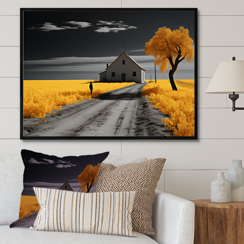 Photographie de campagne monochrome sur fond jaune et gris sur toile, H 34 po x l 44 po x P 1,5 po, Cadre flottant noir