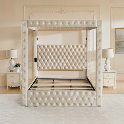 Queen Size Canopy Bed Frame with Velvet Upholstered Headboard, Built-in Bluetooth Speaker, USB Charging, and Sturdy Mattress Support, Beige