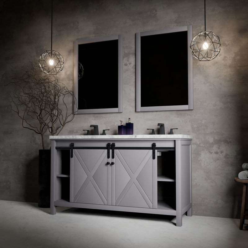 Meuble-lavabo double l 60 po x P 22 po et miroirs 24 po Marsyas, Gris foncé, Marbre de Carrare blanc