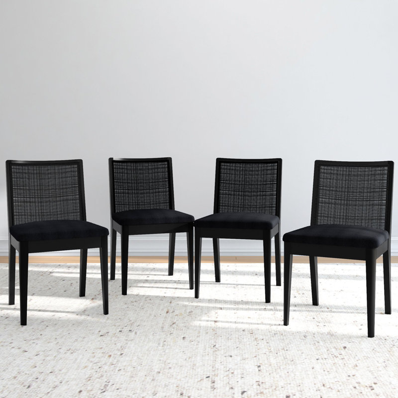 Elio Rattan Back Solid Wood Dining Chair (Set of 4), Black