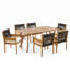 Ensemble de salle à manger d'extérieur Celia pour 6 personnes, style côtier moderne, en bois d'acacia, avec chaises à accoudoirs tressés, coussins et table à lattes à pieds incurvés.