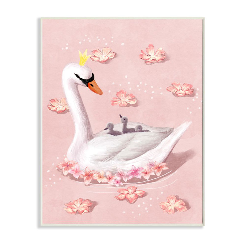 «Mother Swan Queen and Chicks Lake Flowers Pink» par Daphne Polselli - impression d'art graphique, H 19 po x l 13 po