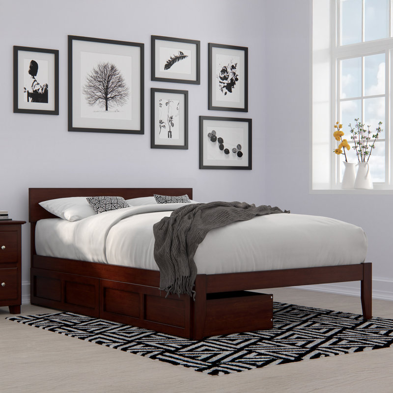 Valeria Premium Wood Storage Platform Bed with Under Bed Storage Drawers, Walnut, Full