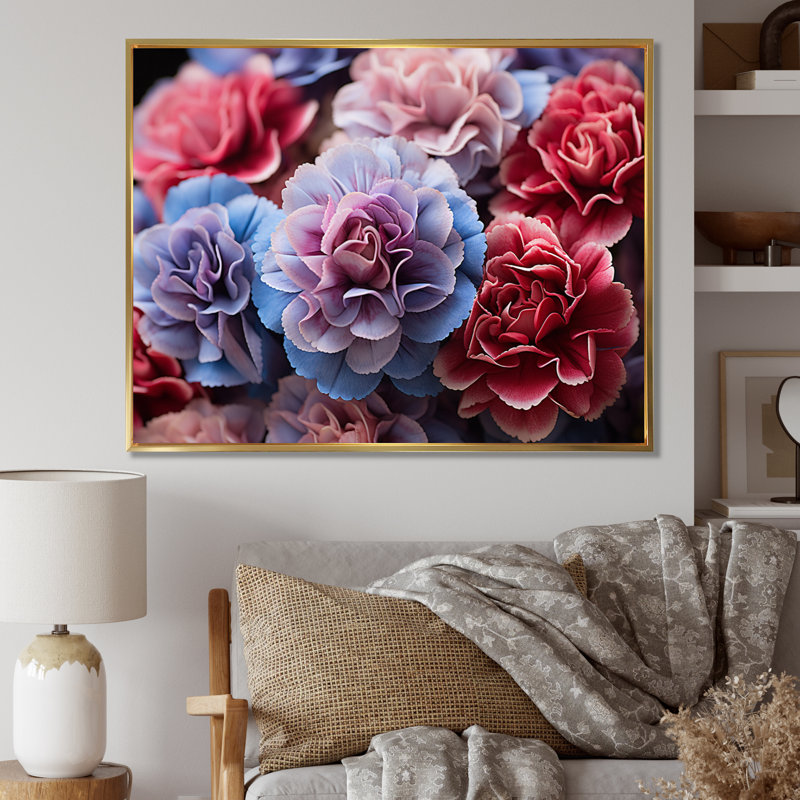 «Marcellas Carnations Field Vibrant III», reproduction sur toile, H 16 po x l 32 po, Cadre flottant doré