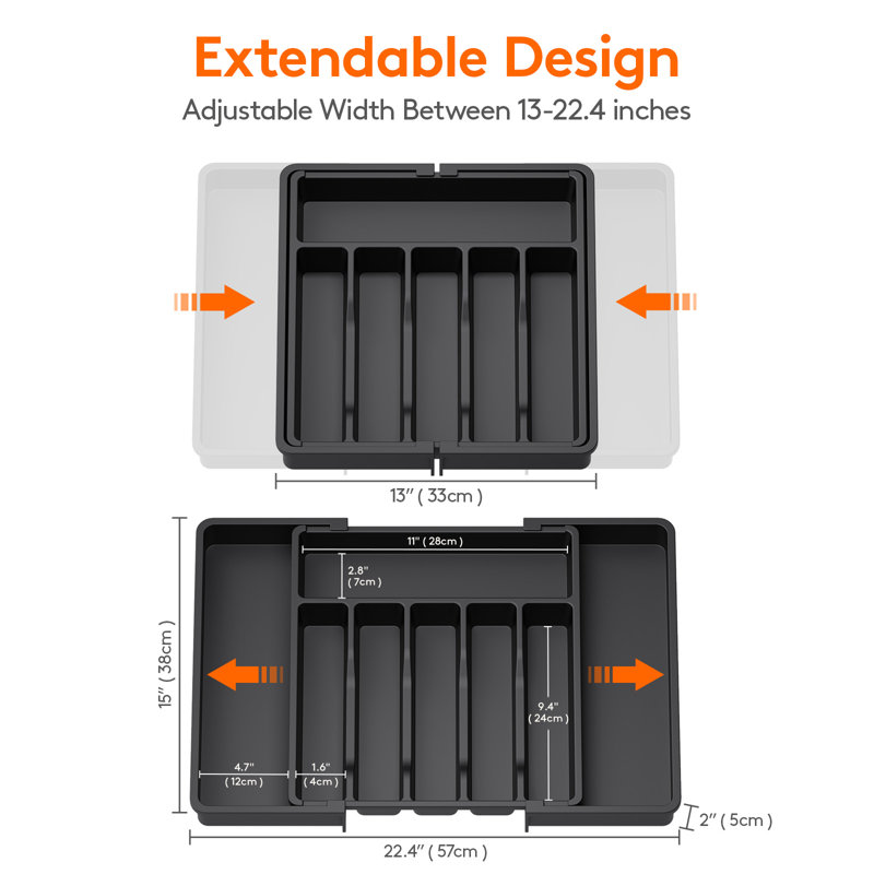 2Pcs Cutlery Drawer Organiser Large, Extendable Cutlery Tray,8 Compartment, Kitchen Drawer Organiser Utensil Spoons Forks Knives, Black
