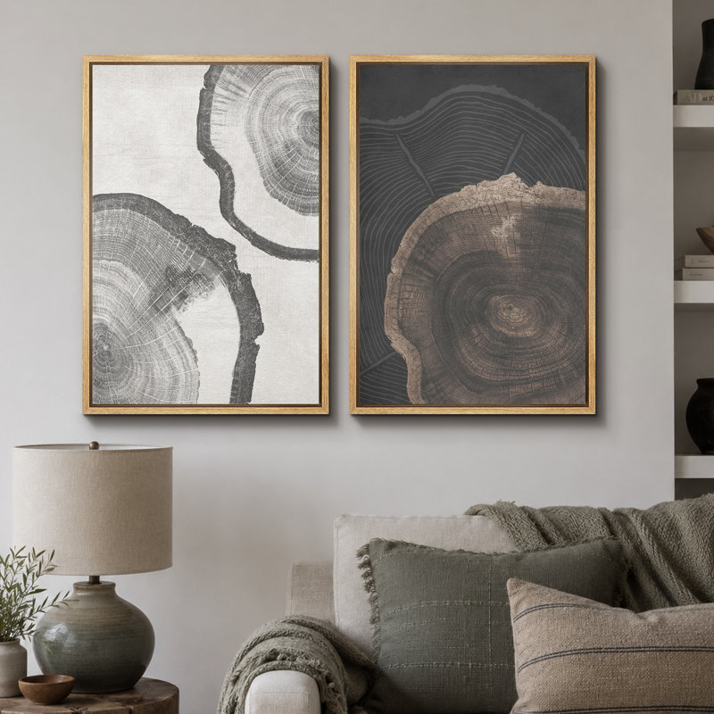 «Tree Ring», souche de bois gris, œuvre d'art neutre, photos de cabane de ferme rustique, ensemble de 2 impressions sur toile encadrées, 16 x 24 x 2, 24 x 36 x 2
