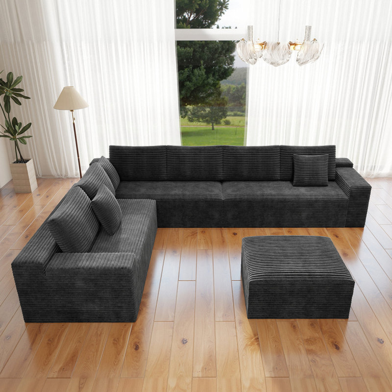Koli Boneless 138" U-shaped Sectional Couch, Compression Cloud Couch Sofa for 7 Person, Corduroy, Right Hand Facing