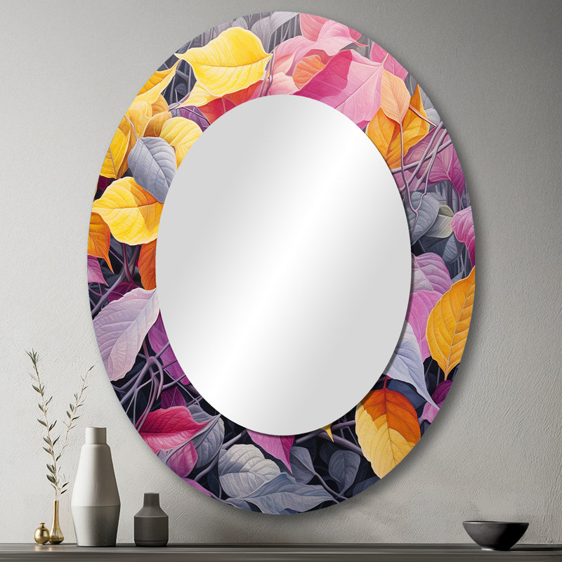 Feuilles roses et jaunes en hiver - Grand miroir mural ovale sur métal, 43 po x 33 po
