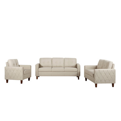 Button Tufted Piped Trim Square Arm Upholstered 3-Seater Sofa Couch, Polyester Fabric Transitional Living Room Sofa Furniture