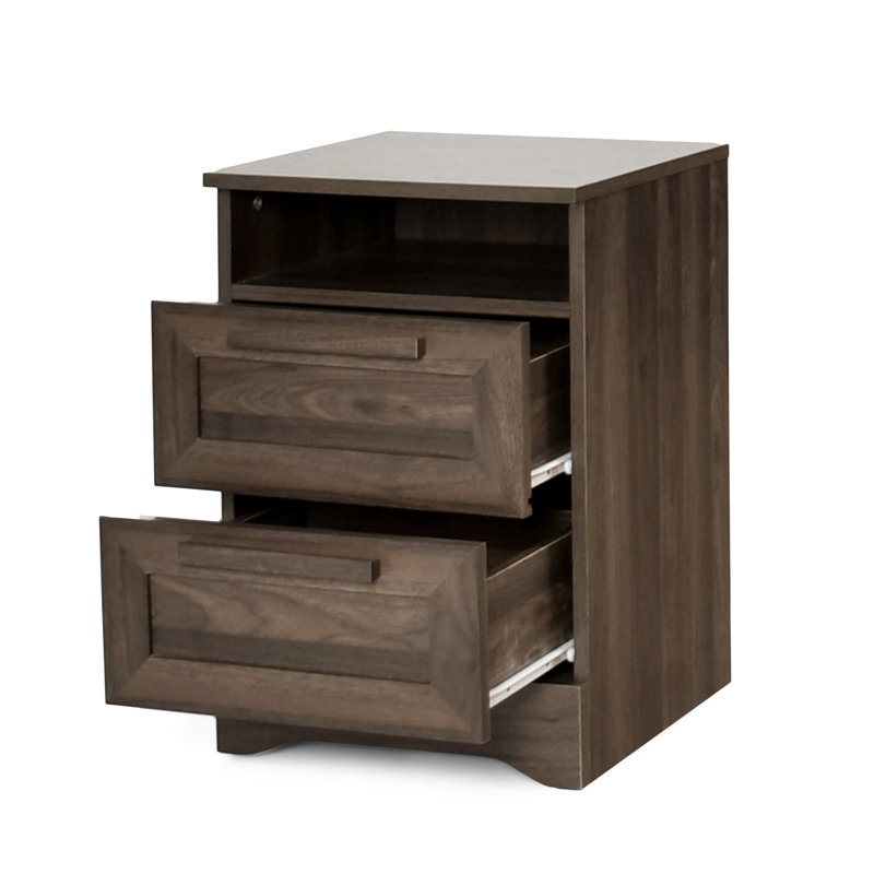 Table de chevet rustique, 2 tiroirs et tablette de rangement attrayante, Noyer