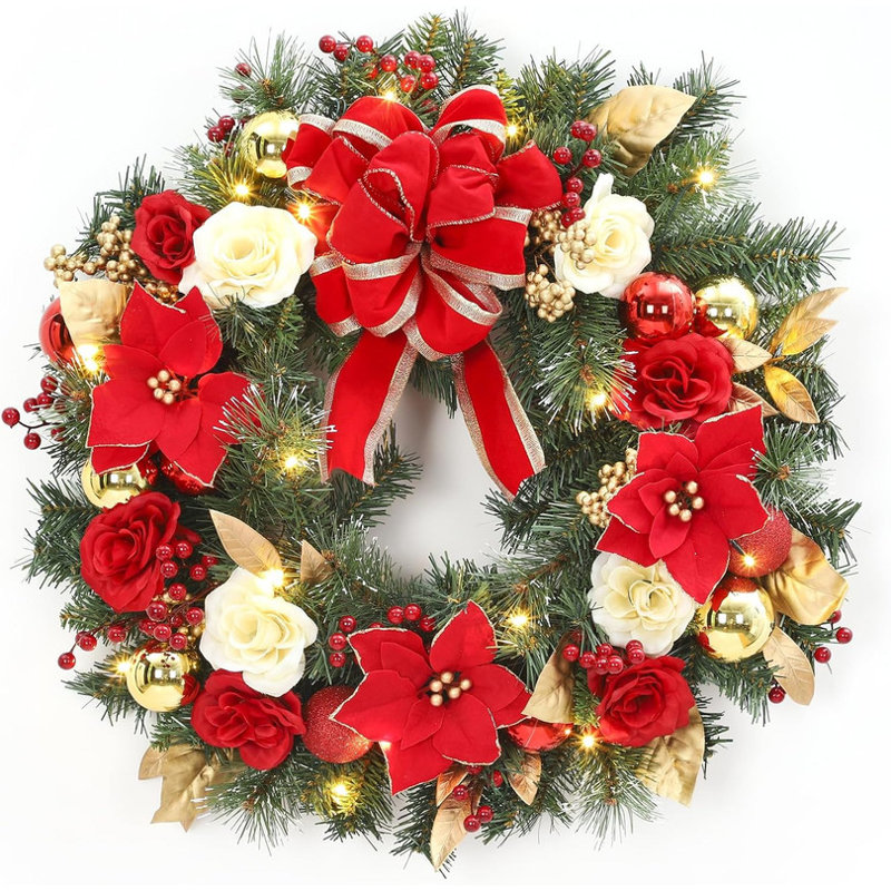Couronne de Noël 24 pouces avec 20 lumières DEL, fleurs rouges et ornements pour la porte d'entrée