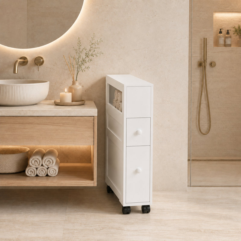 Armoire de rangement contemporaine à roulettes en bois mince avec tiroirs à roulettes et tablette latérale pour petits espaces de salle de bain