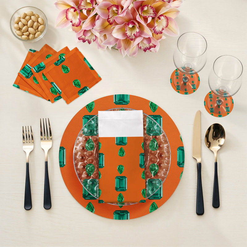 Gem Emeralds Vegan Leather Round Pebble Placemat, Orange, Emeralds