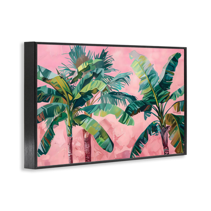 Dessus de palmier sur giclée rose encadrée, design par LSR Design Studio, H 12 po x l 18 po, Giclée encadrée noir minuit