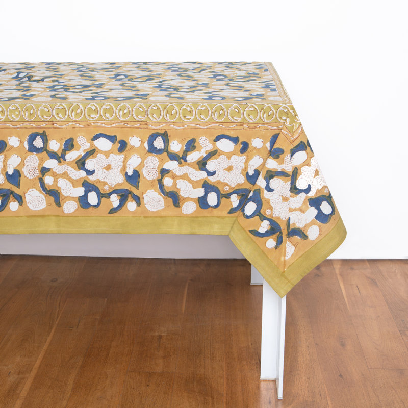 Forest Harvest Handmade Floral Tablecloth, Mustard/Blue, 106" x 71"